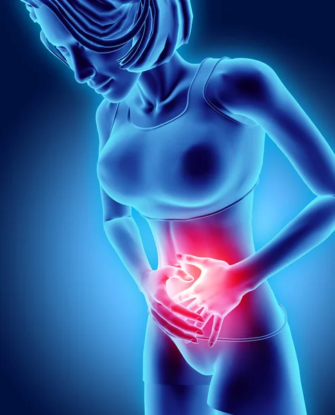 Ilustração 3d - mulher com dor de estômago, conceito médico . — Fotografia de Stock