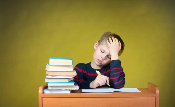 Boring School Studies. Homework. Tired little boy writing. Educa — Stock Photo, Image