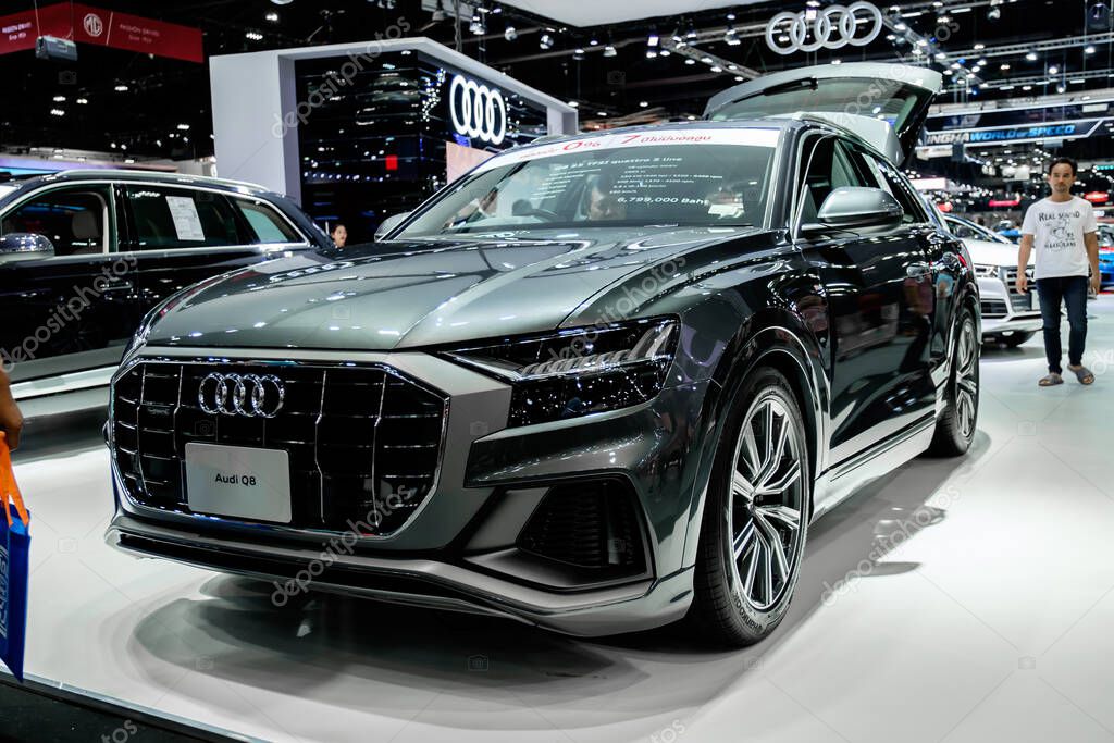 Bangkok, Thailand - December 1, 2019: The silver Audi Q8 55 TFSI Quattro showcase at the Thailand International Motor Expo 2019 at Impact Challenger Hall