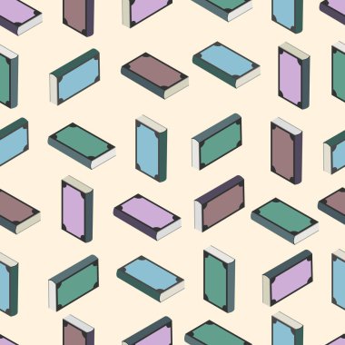 Kusursuz bir desen gösteren vektör resmi, yani bej arkaplanda farklı açılarda kitaplar.