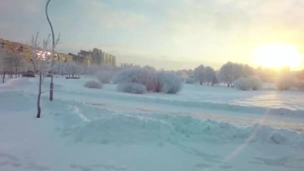 Авиаперелет над зимним лесом и пригородами 2 — стоковое видео