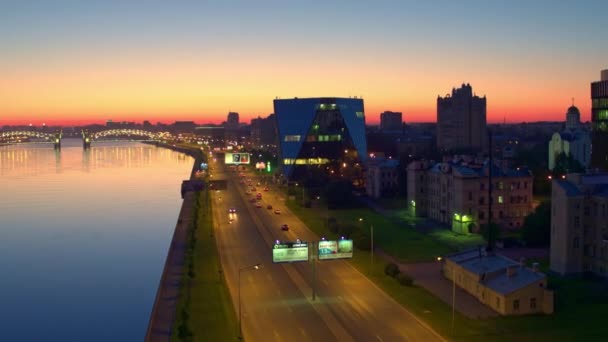 Aerial view on the city river and bridges of night St.Petersburg 4 — Stock Video