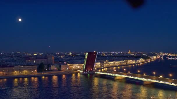 Flygfoto över stadens flod och broar på natten St Petersburg 9 — Stockvideo