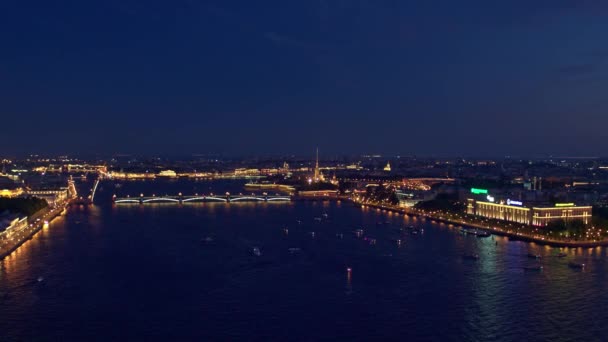 Aerial view on the city river and bridges of night St.Petersburg 11 — Stock Video