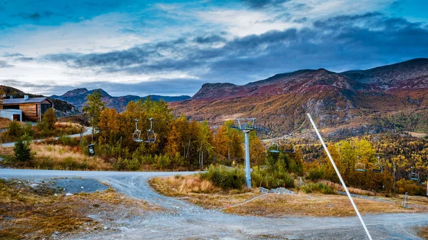 View of the mountain peaks in Hemsedal from the ski center in th