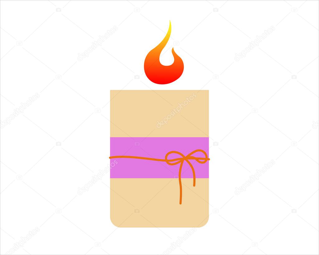 Burning decorative candle with purple ribbon and string