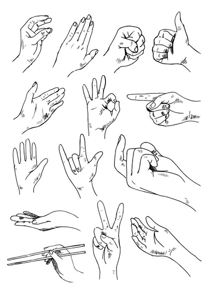 Vector set of hands and gestures - outline illustration — Stock Vector