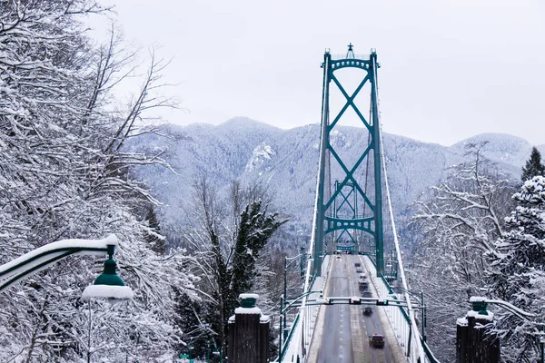 View Lions Gate Bridge Covered Snow Snow Storm Extreme Weather — Stock Photo, Image