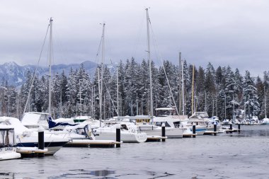 Vancouver, Kanada - 15 Ocak 2020: Kömür Limanı 'nda tekneli donmuş rıhtım manzarası. Vancouver 'da kar fırtınası ve aşırı hava.