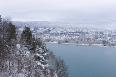 Vancouver, Canada - January 15,2020: Scenic View of West Vancouver with  mountains in the backgroung during the snow storm and extreme cold weather in Vancouver