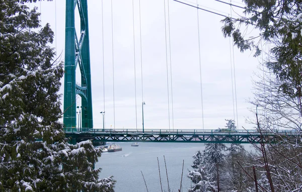 Blick Auf Die Schneebedeckte Löwentorbrücke Schneesturm Und Extremwetter Vancouver — Stockfoto