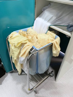 Vancouver, Canada - March 11, 2020: A basket full of used disposable Isolation gowns at BC Children's Hospital 