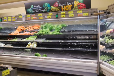 Vancouver, Canada - March 18,2020: Empty Safeway store shelves show shortage of food as Coronavirus (COVID-19) fears people to buy more supplies