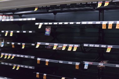 Vancouver, Canada - March 18,2020: Empty Safeway store shelves show shortage of food as Coronavirus (COVID-19) fears people to buy more supplies