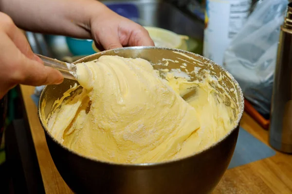 Making dough with hands for cake, sponge cake. — Stock Photo, Image