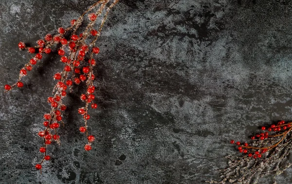 Navidad fondo oscuro con ramas de bayas rojas congeladas . — Foto de Stock