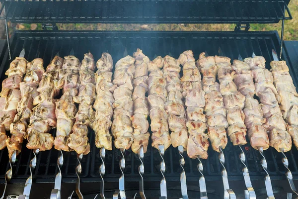Carne a la parrilla shish kebab en pinchos al aire libre . —  Fotos de Stock