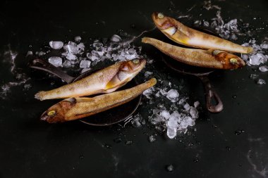 Siyah arka planda buzlu tavada çiğ balık. Deniz ürünleri konsepti.