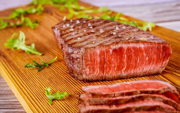 Grilled Sliced Rare Angus Beef Steak Wooden Board Close — Stock Photo, Image