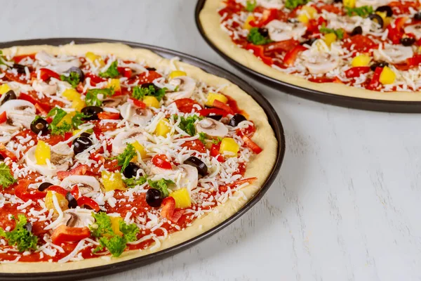 Uncooked Pizza Pepperoni Mushroom White Table — Stock Photo, Image