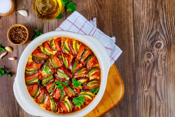 Baked Ratatouille Eggplants Zucchini Tomatoes Homemade Sauce French Cuisine — Stock Photo, Image