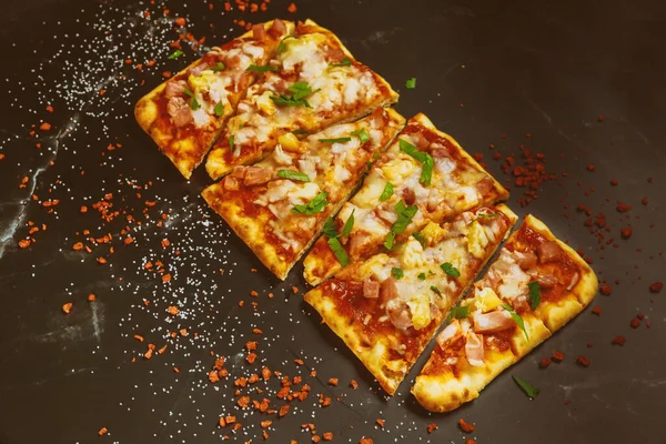 Homemade Pizza Tomato Sauce Ham Pineapple Mozzarella Top View — Stock Photo, Image