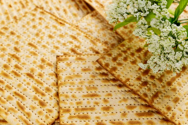 Pão Matzah Com Flores Brancas Conceito Férias Páscoa Judaica Fechar — Fotografia de Stock