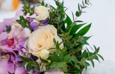 Beyaz arkaplanda beyaz gül ve irisler izole edilmiş.