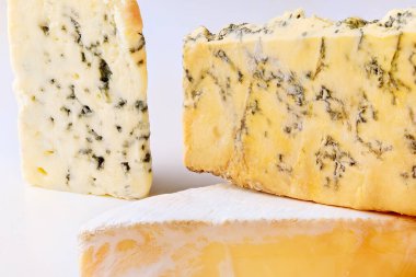 İzole edilmiş beyaz arka planda çeşitli peynir türleri. Kapat..