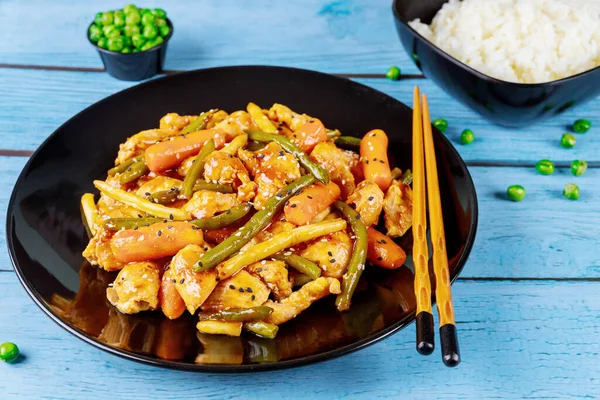 Pollo Frito Teriyaki Con Salsa Agridulce Arroz Cocina China — Foto de Stock