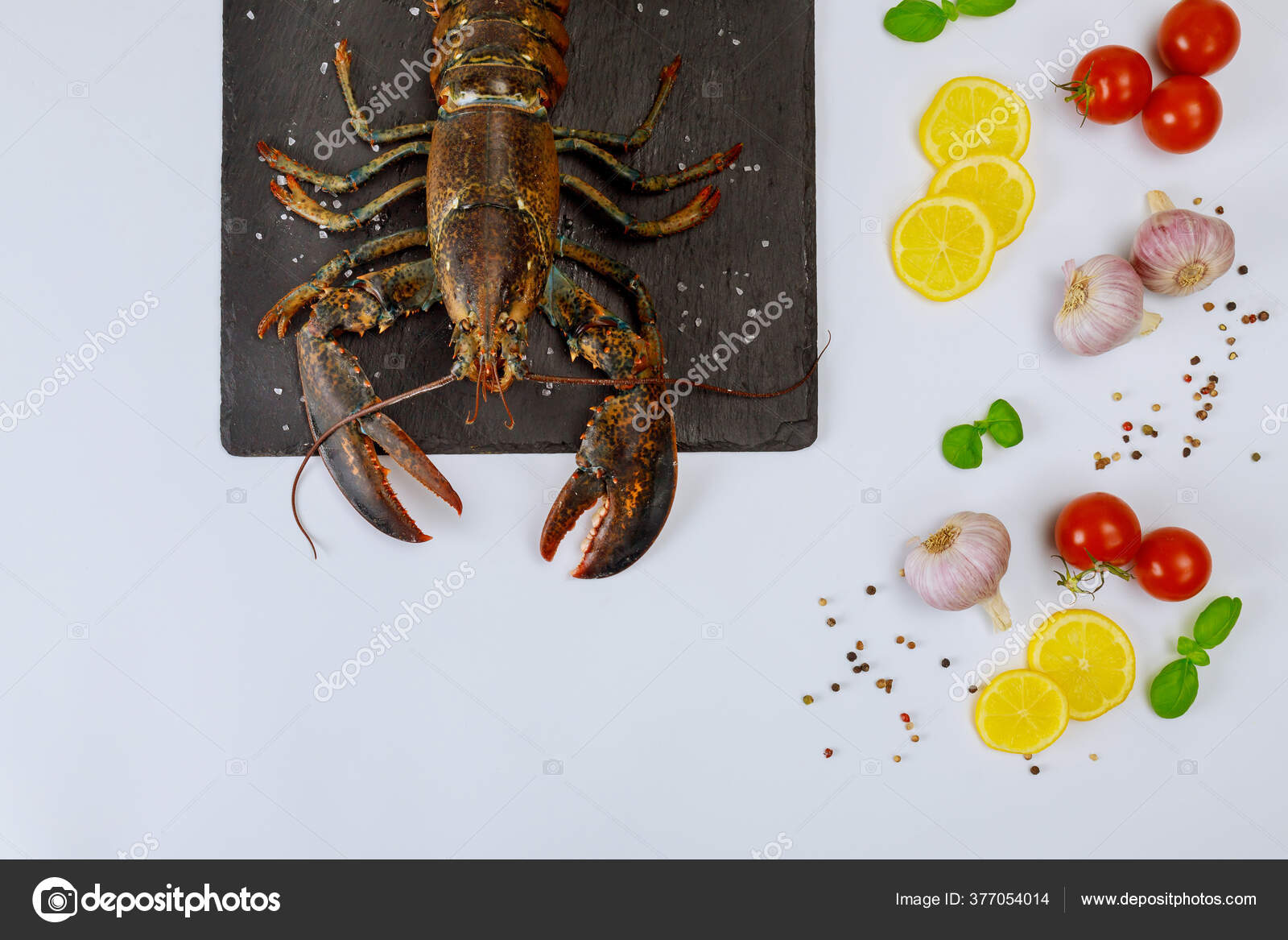 Fersk Hummer Svart Brett Med Krydder Hvit Bakgrunn Sett Ovenfra – stockfoto  © tastyfood #377054014, image size:1600x1167
