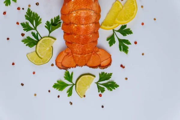 Ready Eat Lobster Tails Lemon Parsley White Background — стоковое фото