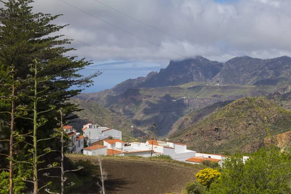 Gran montaña y palmera cubren pequeñas casas blancas ciudad —  Fotos de Stock