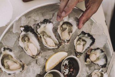 Taze istiridyeler tabakta buzla yakın plan.