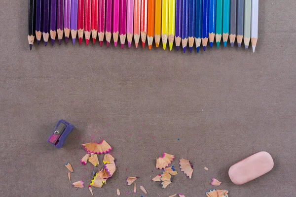 Color Pencils Sharpener Shavings Black Board — Stock Photo, Image