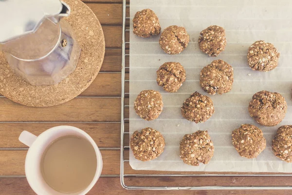 Topview Homemade Oat Cookies Coffee Cup Moka Pot Light Background — Stock Photo, Image