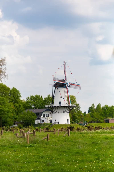 Nederlandse witte windmolen en huis — Stockfoto