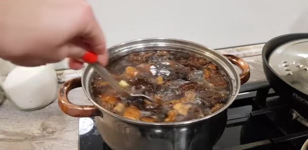 Delicious Homemade Soup Dried Mushrooms Soup Organic Dried Mushrooms Cooked — Stock Video