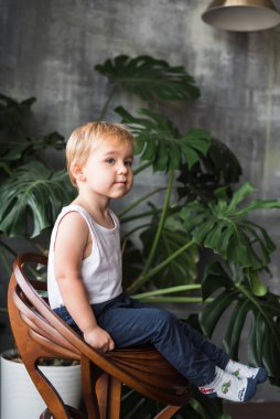 Avrupalı görünümlü küçük bir çocuk uzaktaki bir sandalyeye bakar beyaz tişörtlü ve mavi pantolonlu tropik çiçeklerin arka planına karşı oturur.