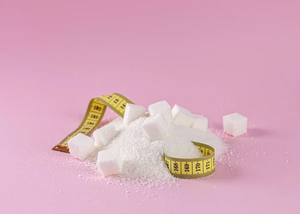 Diyet Sağlıklı Konsept Zararlı Şeker Pembe Arka Planda Şekerin Altındaki — Stok fotoğraf