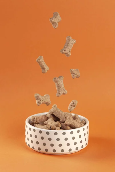 Köpek maması turuncu arka planda beyaz bir kaseye düşer.