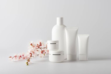 Kozmetik seti. Uzayı kopyala Konteynırlardan, kozmetik kavanozlarından ve açık gri bir arkaplanda bahar çiçeklerinden oluşan kompozisyon.