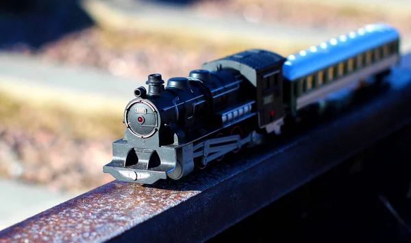 Toy Train Rides Iron Rails Selective Focus — Stock Photo, Image