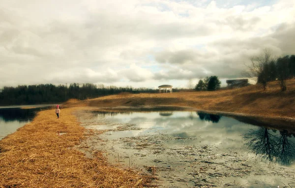 Bahar nehri ve sudaki ağaçların ve bulutların yansıması.
