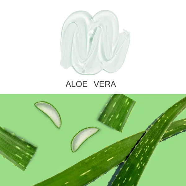 Aloes vera żel abstrakcyjny kolaż na białym i zielonym tle. — Zdjęcie stockowe