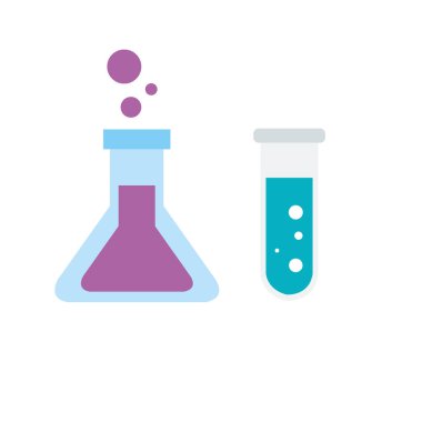 Beyaz arka planda laboratuvar camları. Mezuniyet tüpü, deney tüpü ve matara farklı renkte sıvı örnekleri doldurmuş. Kimyasal test koleksiyonu için ekipman