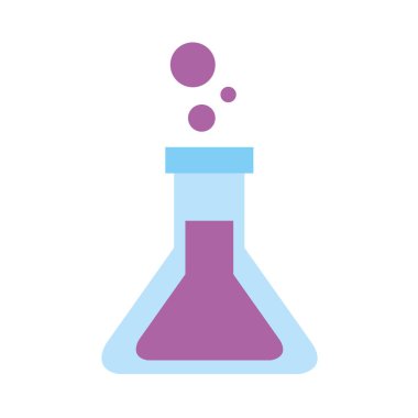 Beyaz arka planda laboratuvar camları. Mezuniyet tüpü, deney tüpü ve matara farklı renkte sıvı örnekleri doldurmuş. Kimyasal test koleksiyonu için ekipman