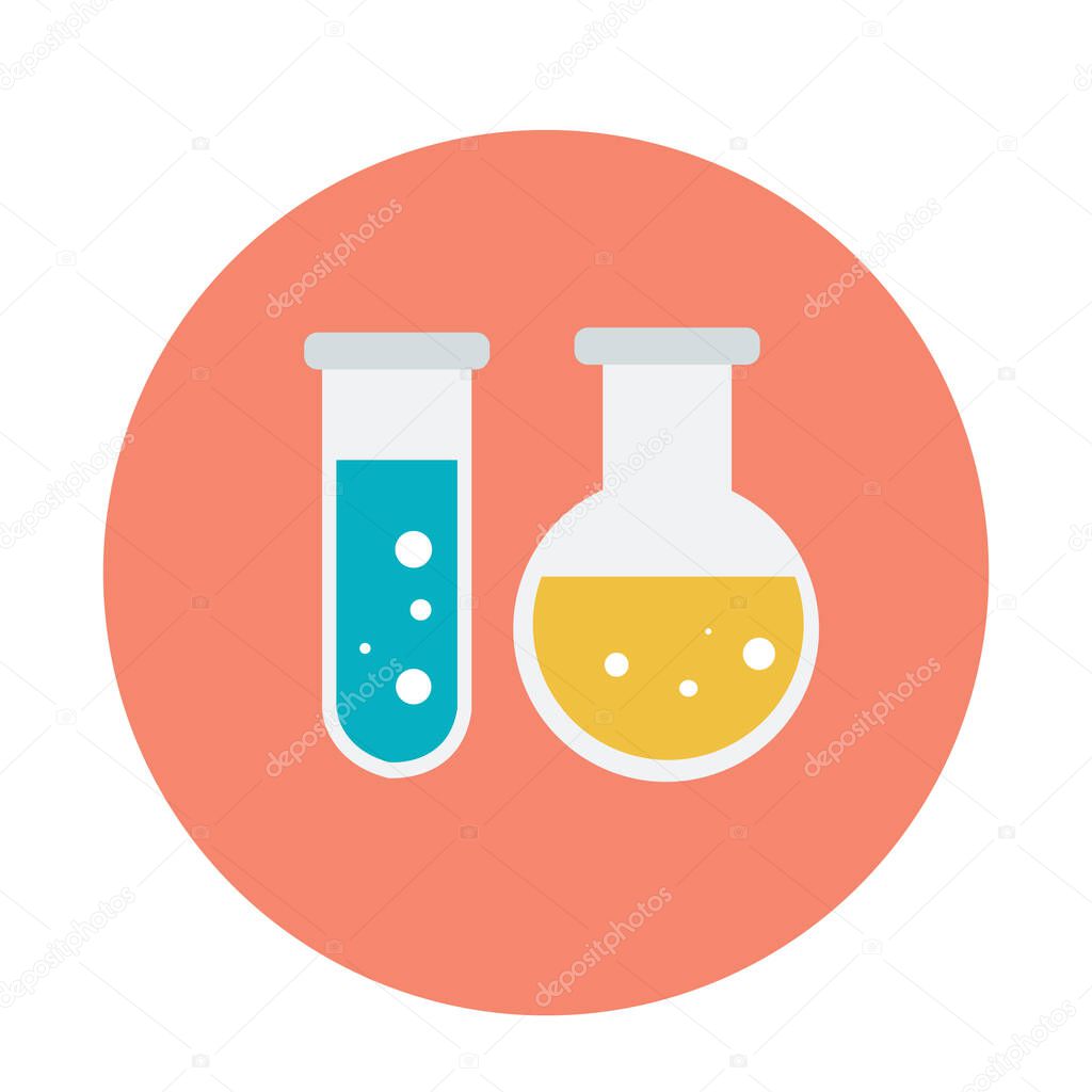 Laboratory glassware on white background. Graduated lab tube, beaker and flask filled different colors liquids illustration. Equipment for chemical test collection