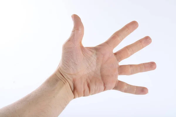 Mężczyzna Ręce Licząc Zera Pięciu Odizolowanych Białym Tle — Zdjęcie stockowe