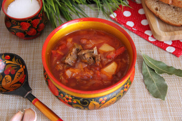 Homemade Ukrainian borsch with meat